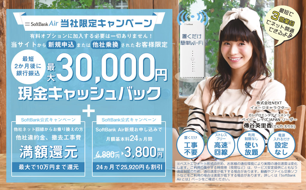 【30,000円キャッシュバック】置くだけWi-Fiインターネット「Softbank Air」